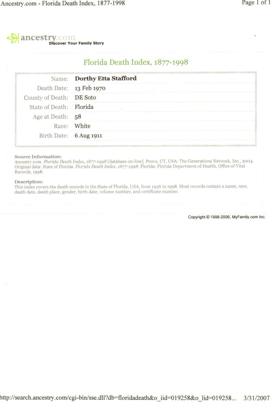 Florida Death Index for Dorothy Etta Austin Stafford